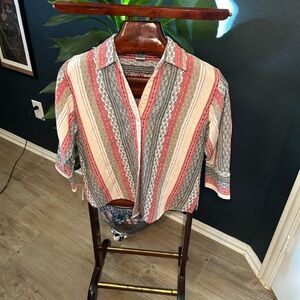 Rebecca Malone Striped Button-Down Shirt - Red, Gray, Cream